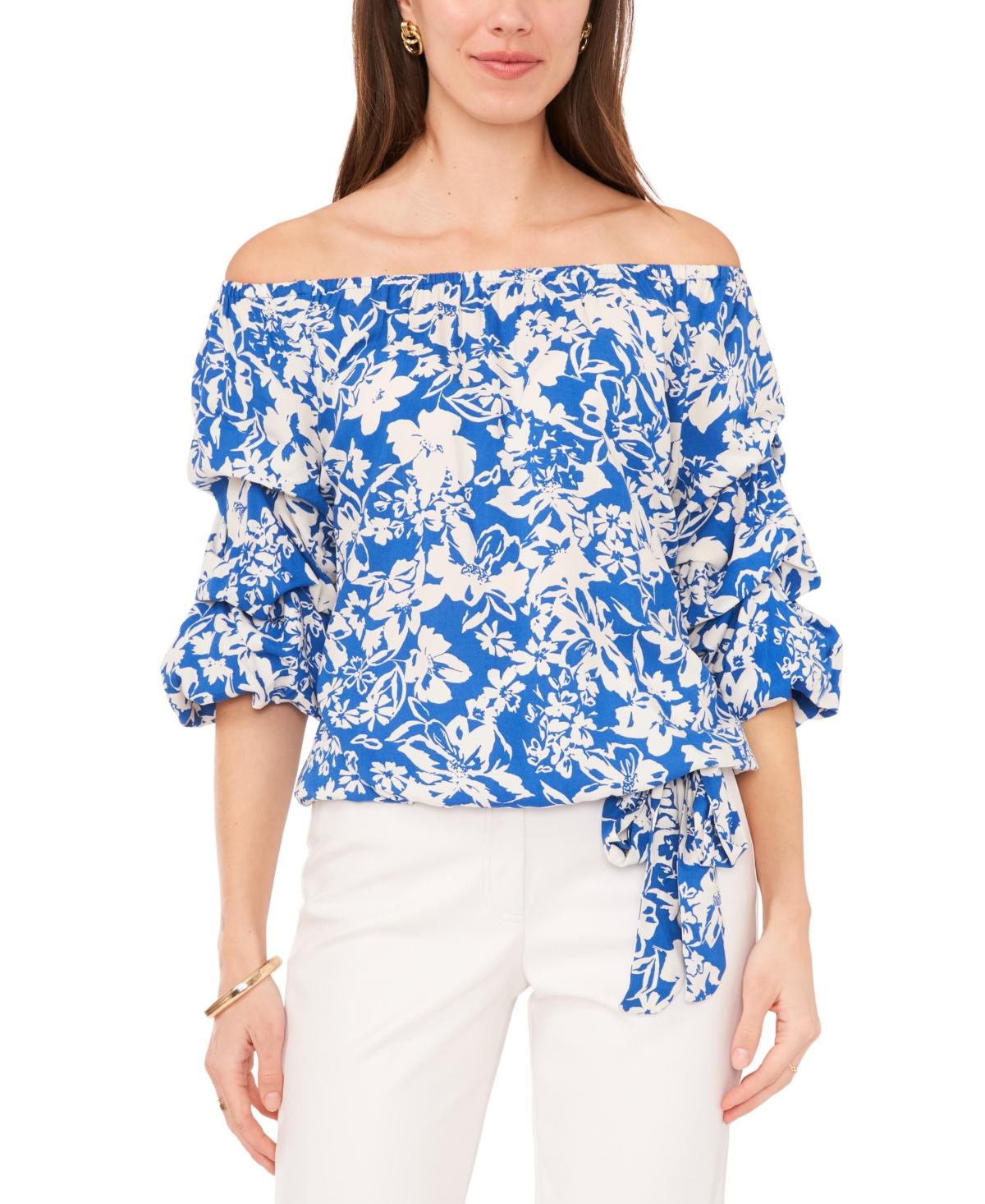 Vince Camuto Women's Floral Off The Shoulder Bubble Sleeve Tie Front Blouse In Blue