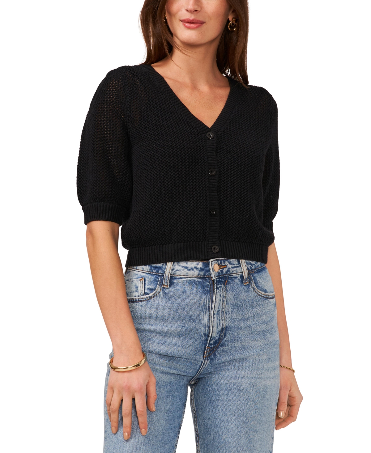 Shop Vince Camuto Women's Open-knit Puff-sleeve Cardigan Sweater In Rich Black