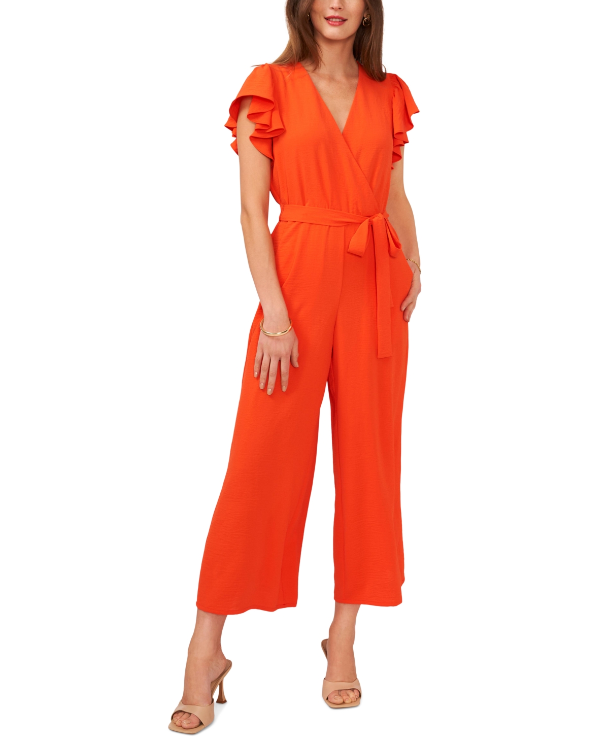 Women's Tie-Waist Flutter-Sleeve V-Neck Jumpsuit - Blaze Orange