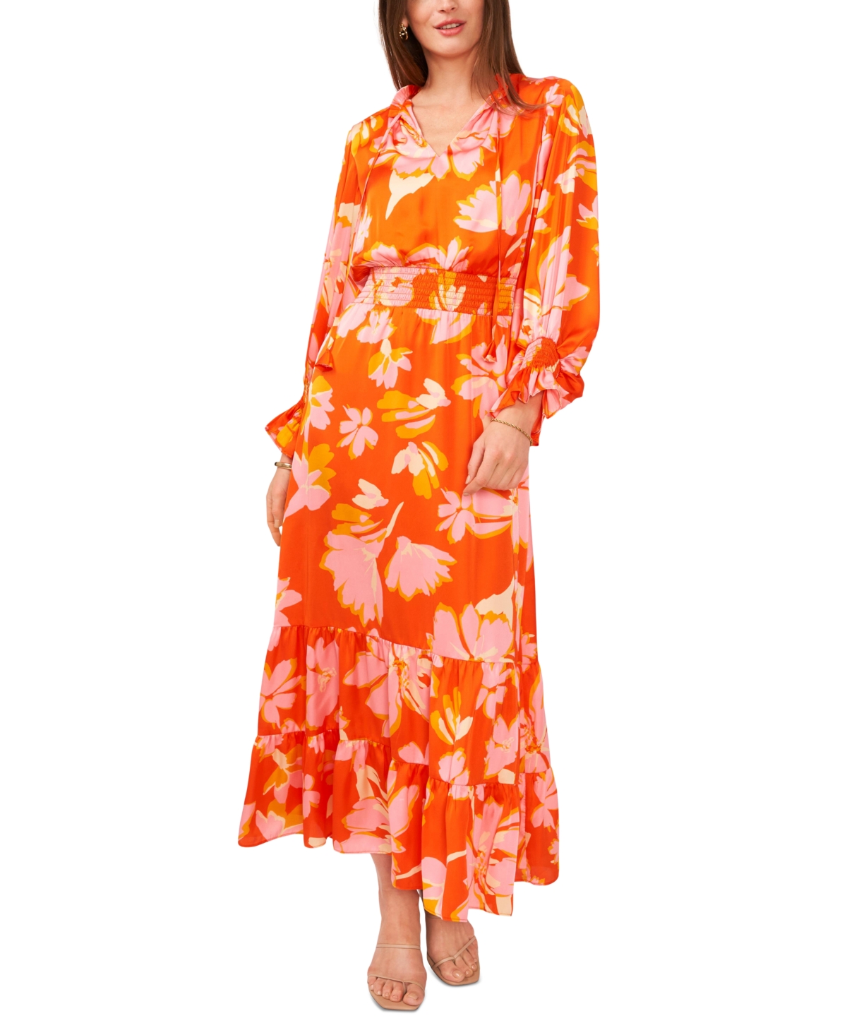 Women's Printed Tie-Neck Tiered Maxi Dress - Orange