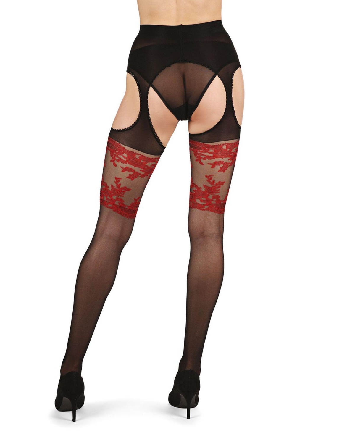 Shop Memoi Women's Lady In Red Suspender 20 Denier Sheer Pantyhose In Multi