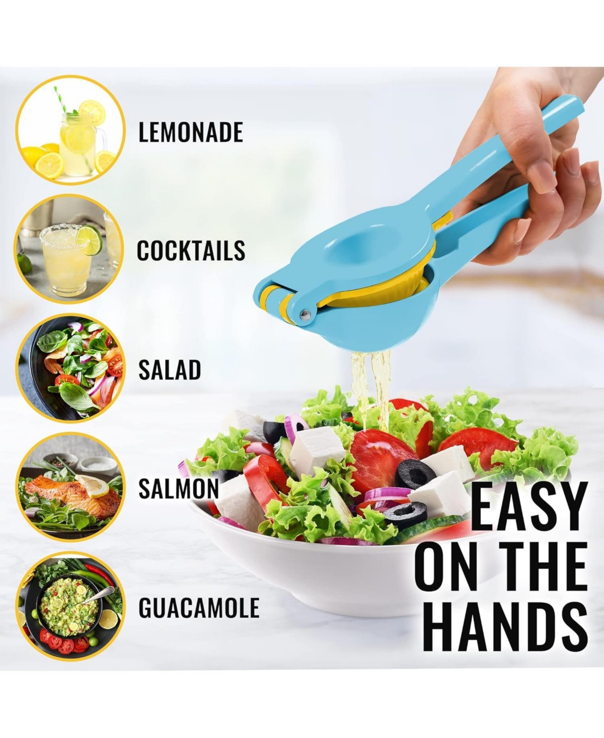 Zulay Kitchen Metal 2-In-1 Lemon Squeezer Manual - Sturdy, Max Extraction Hand Juicer Lemon Squeezer Gets Every Last Drop - Cool blue  yellow