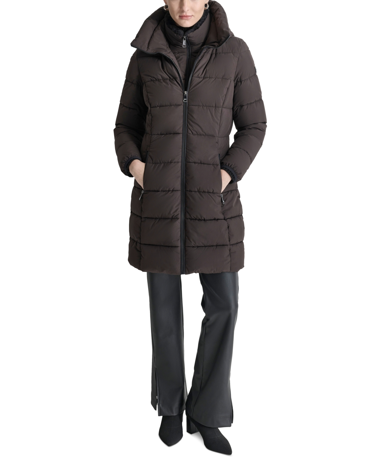 DKNY WOMEN'S BIBBED HOODED ZIP-FRONT PUFFER COAT 
