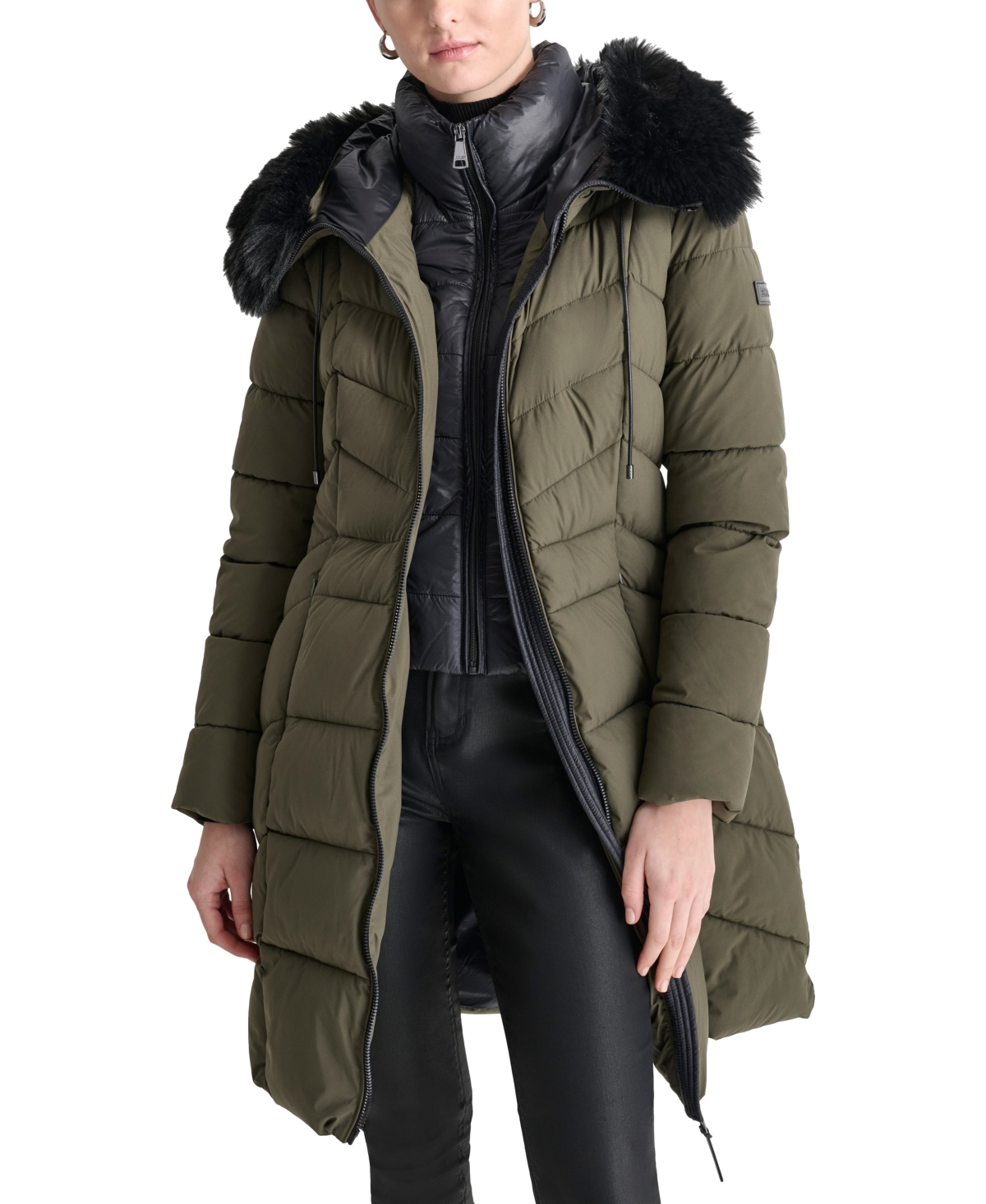 Dkny Women's Bibbed Faux-Fur-Trim Hooded Puffer Coat