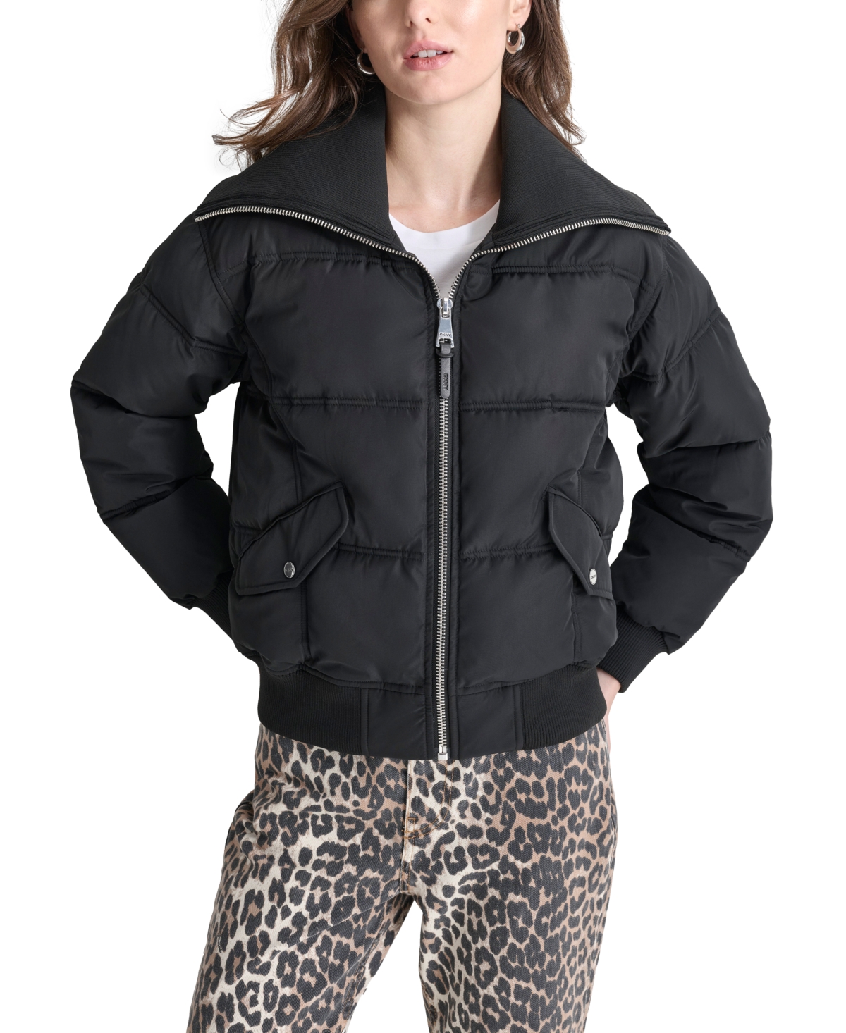 Dkny Women's Knit-trim Zip-front Puffer Coat In Black