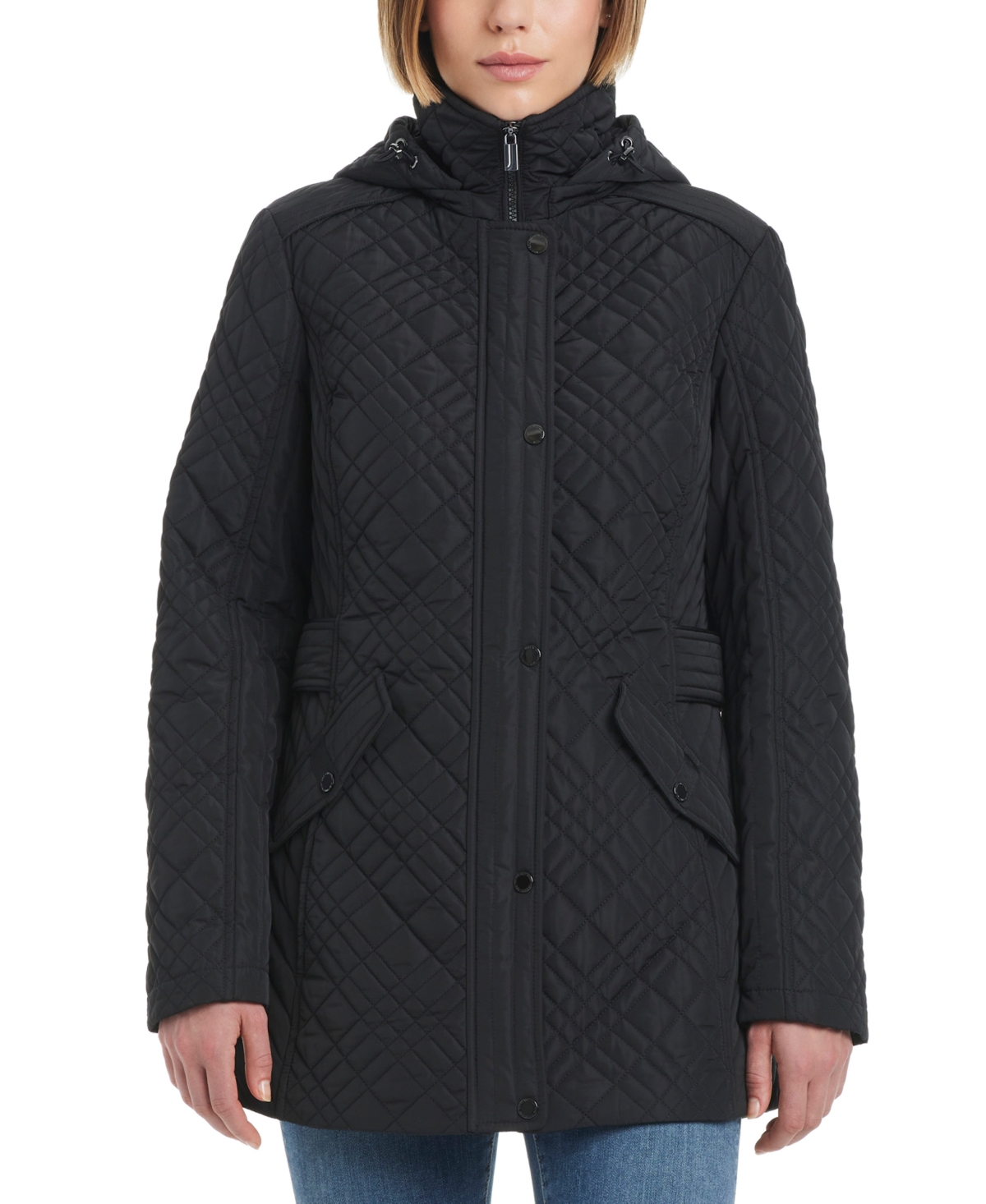 Women's Hooded Stand-Collar Quilted Coat - Black