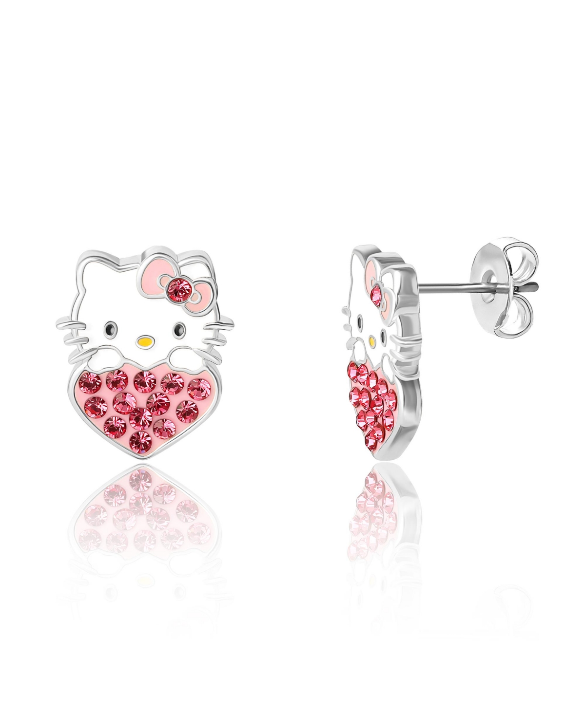 Sanrio Enamel and Crystal Head on Heart Stud Earrings - Pink, white