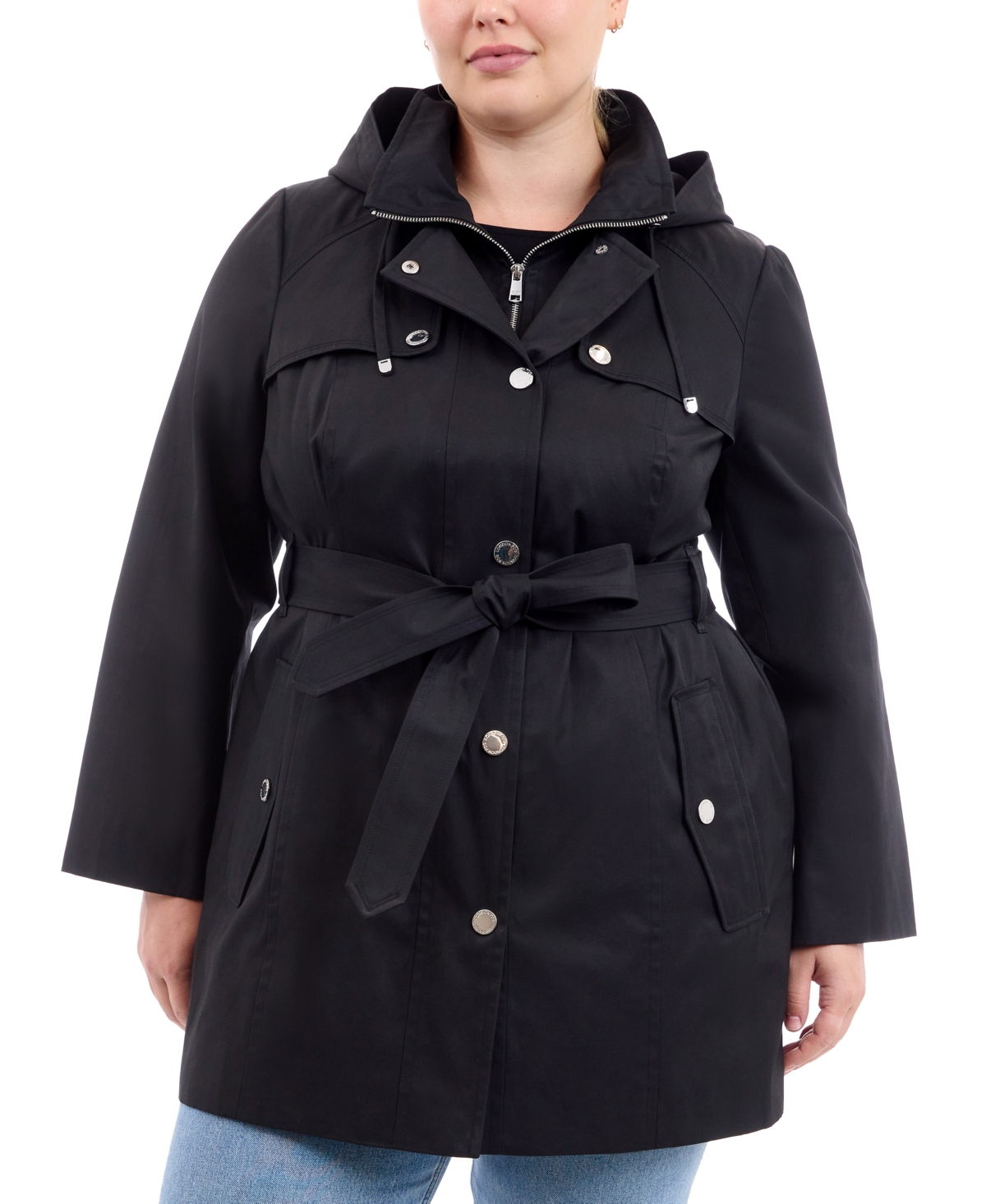 London Fog Plus Size Hooded Belted Zip-Front Raincoat