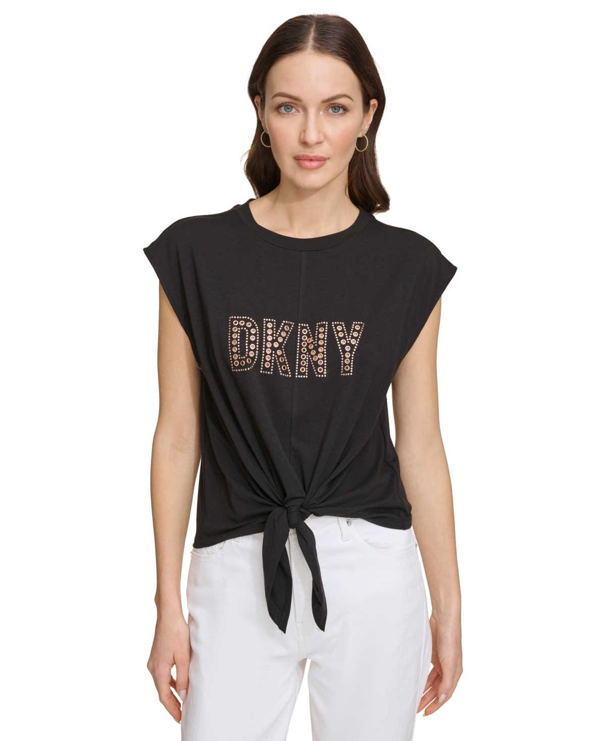 Shop Dkny Women's Grommet-logo Sleeveless Tie-hem Top In Black