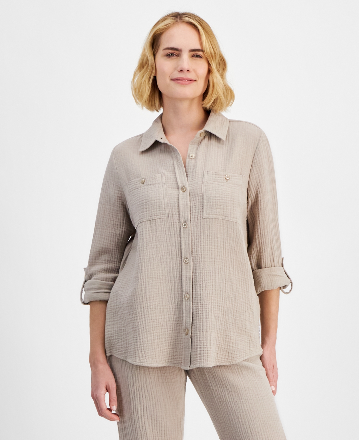 Shop Calvin Klein Jeans Est.1978 Petite Cotton Button-front Roll-sleeve Shirt In Suede