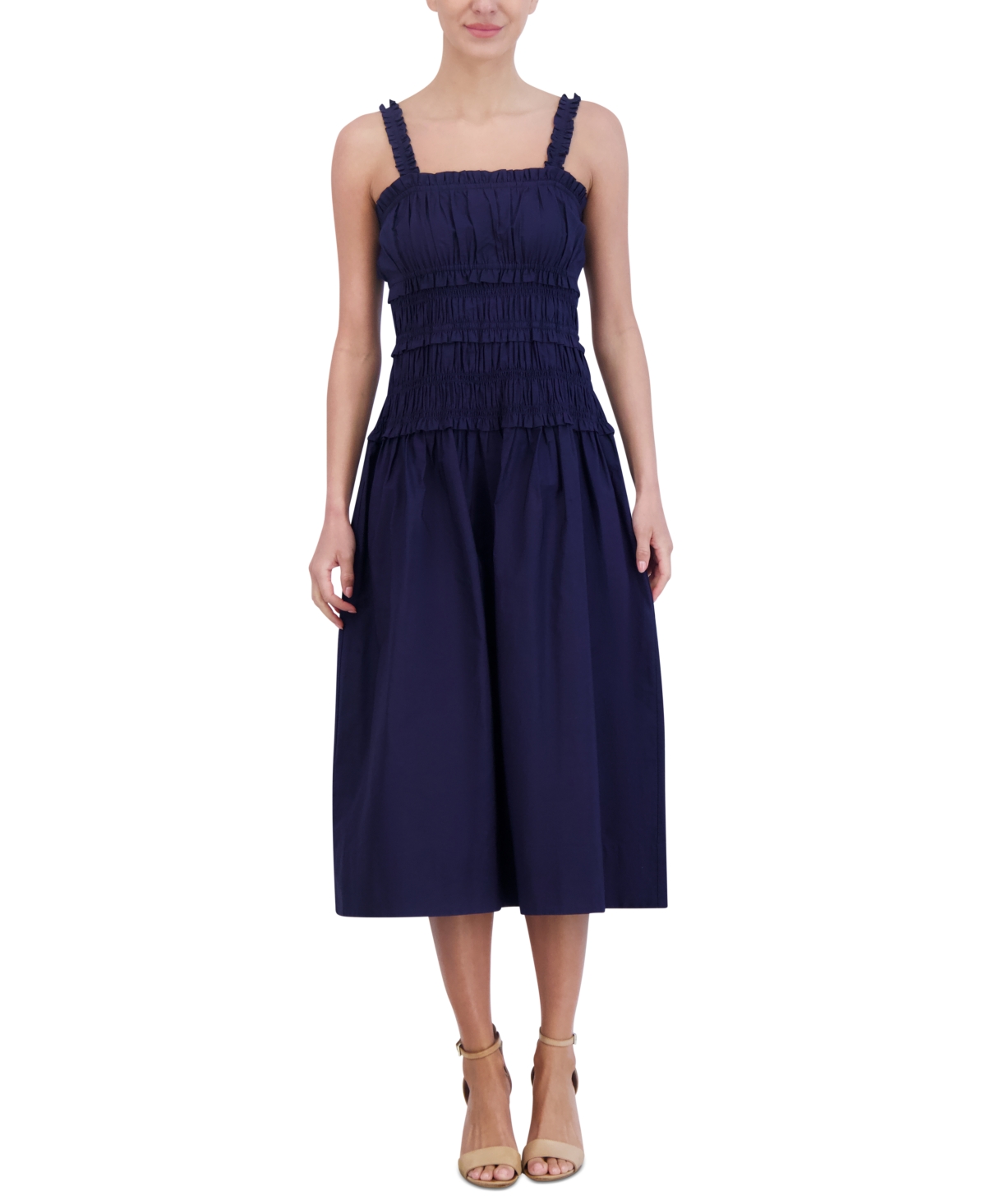Shop Eliza J Women's Cotton Smocked-bodice Midi Sun Dress In Navy