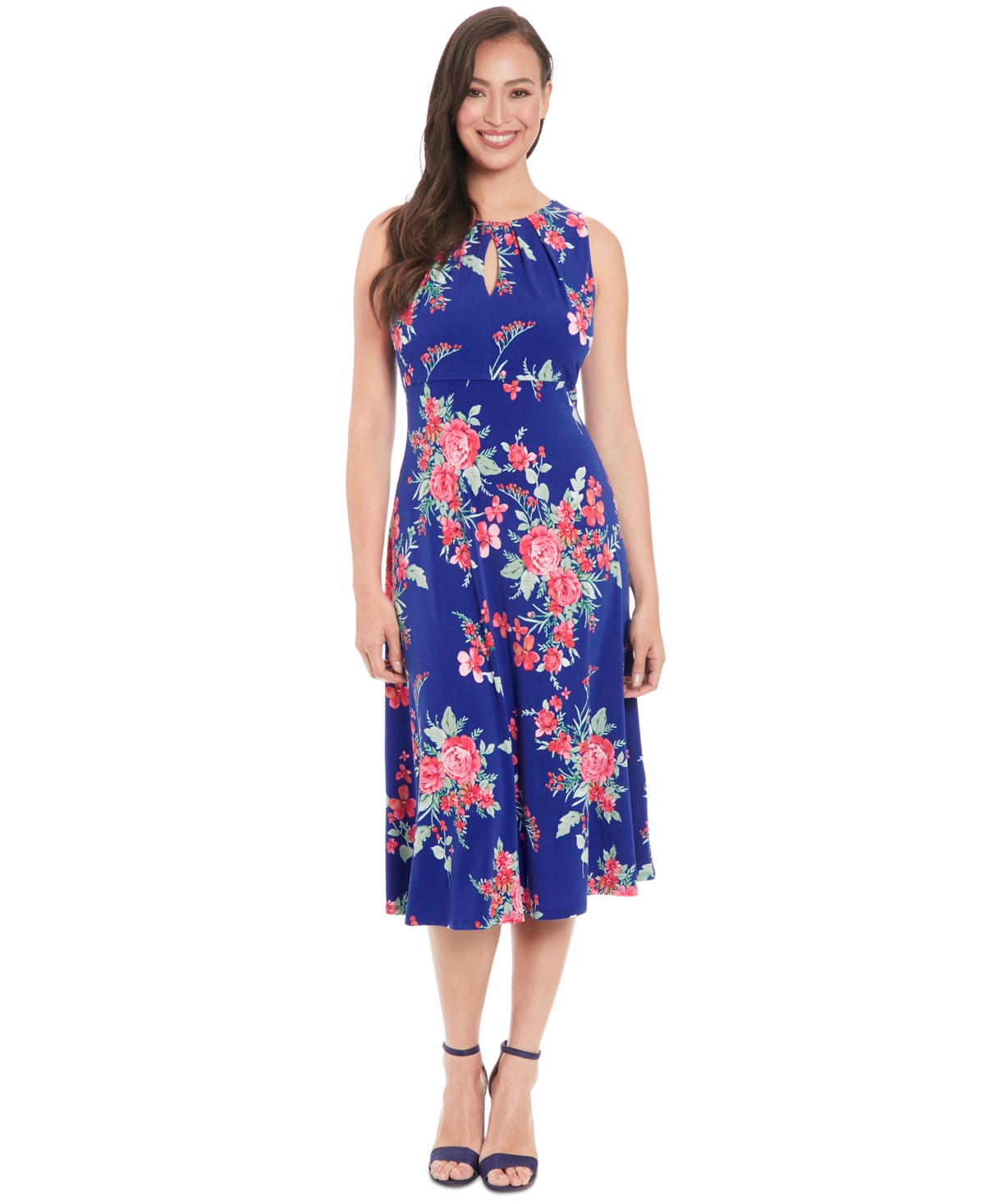 Women's Floral-Print Fit & Flare Dress - Navy Pink