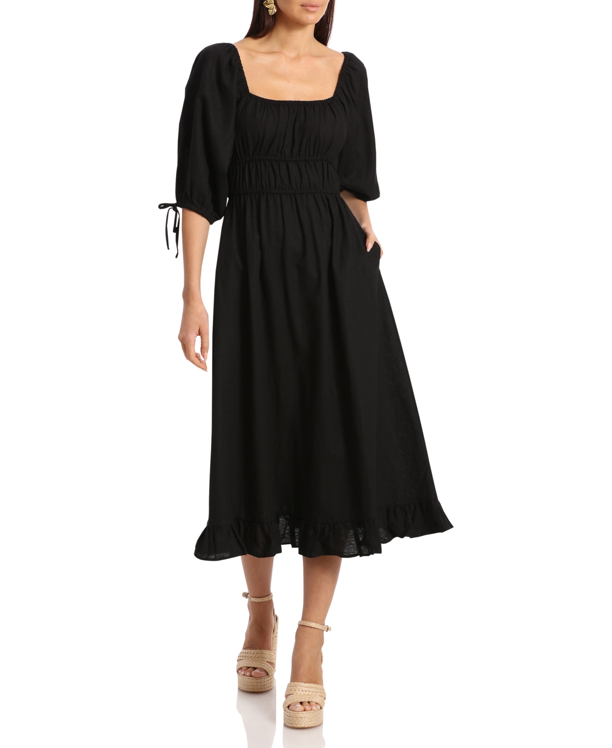 Women's Linen-Blend Fit & Flare Dress - Black