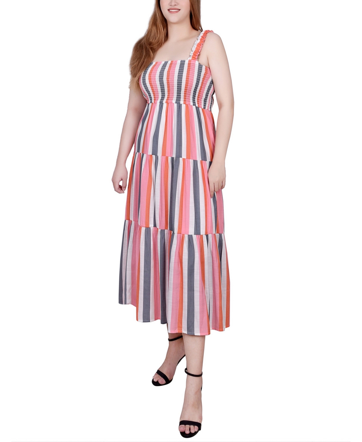 Ny Collection Petite Smocked-bodice Tiered Midi Dress In Blue
