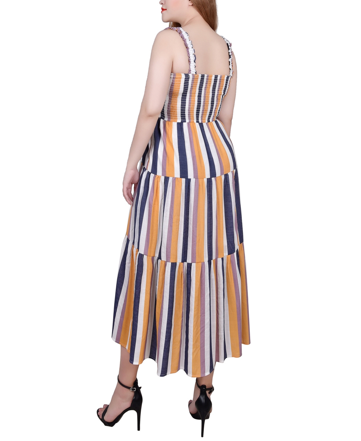 Ny Collection Petite Smocked-bodice Tiered Midi Dress In Blue