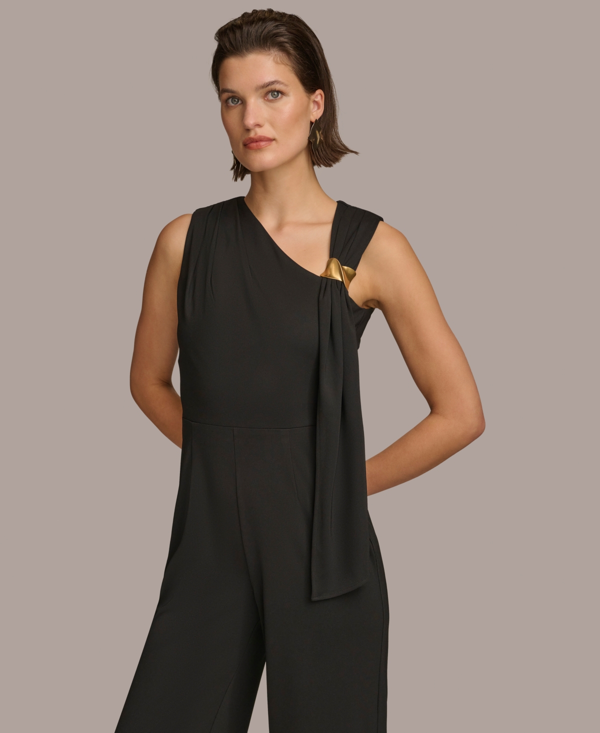 Shop Donna Karan Women's Asymmetric-neck Sleeveless Jumpsuit In Black