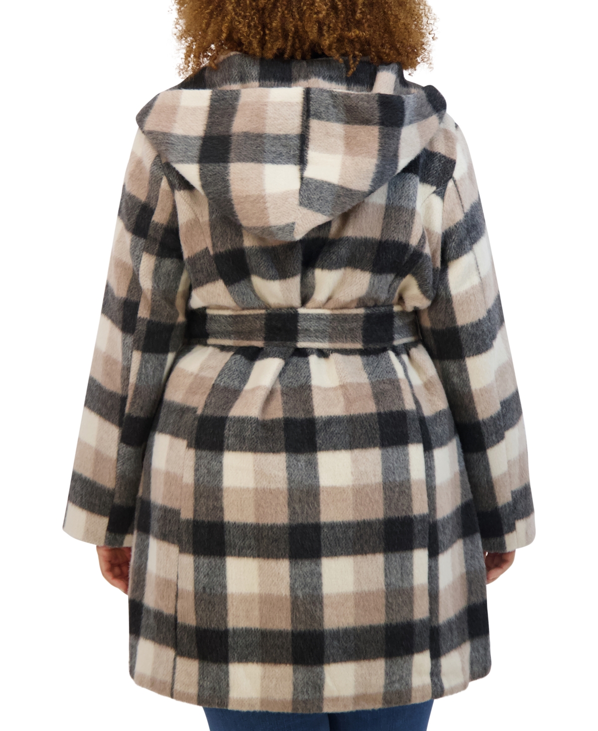 Steve Madden Plus Size Hooded Belted Button-Front Coat, Created for Macy's -Black