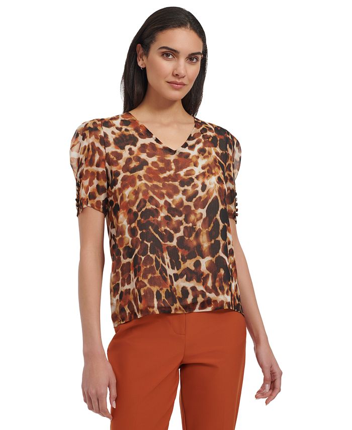 Calvin Klein Women's Animal Print Puff Shoulder Dress Wine Size 14 W main image 1