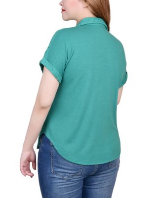 Petite Short Sleeve Eyelet Knit Back Blouse