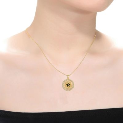 Sterling Silver 14k Gold Plated with Cubic Zirconia Rays of Light Black Enamel Star Medallion Pendant Necklace
