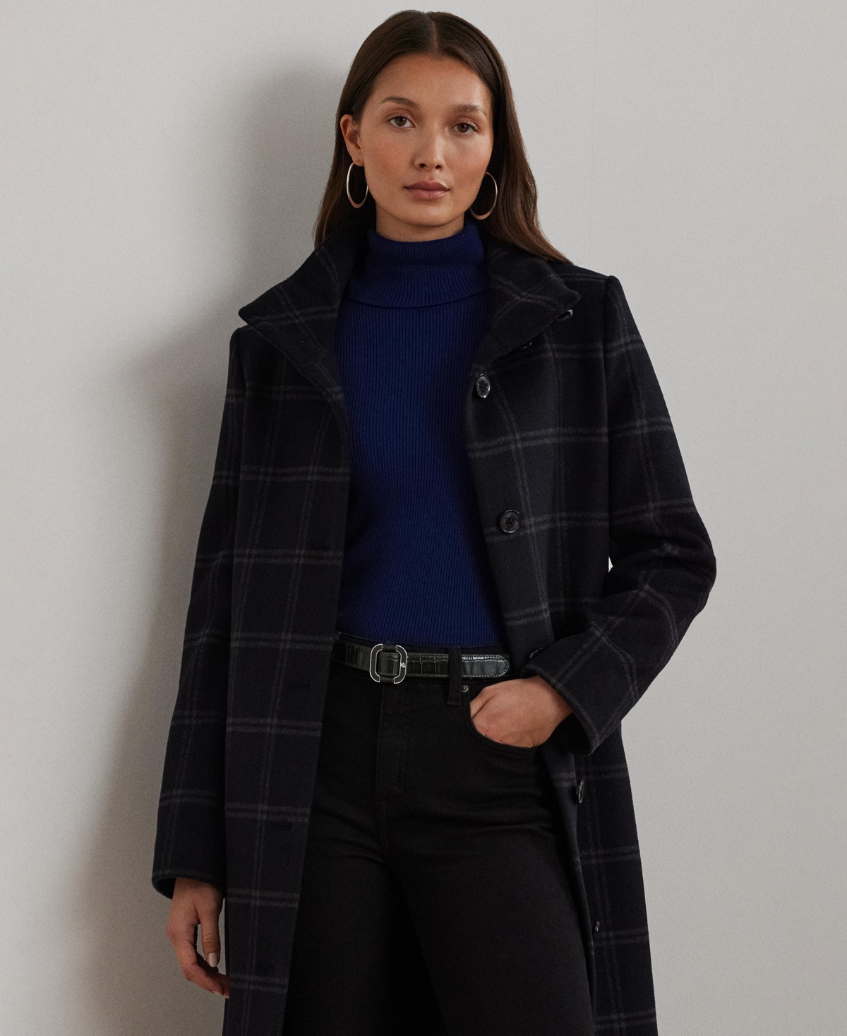 Lauren Ralph Lauren Women's Single-Breasted Stand-Collar Maxi Coat -Grey Windowpane