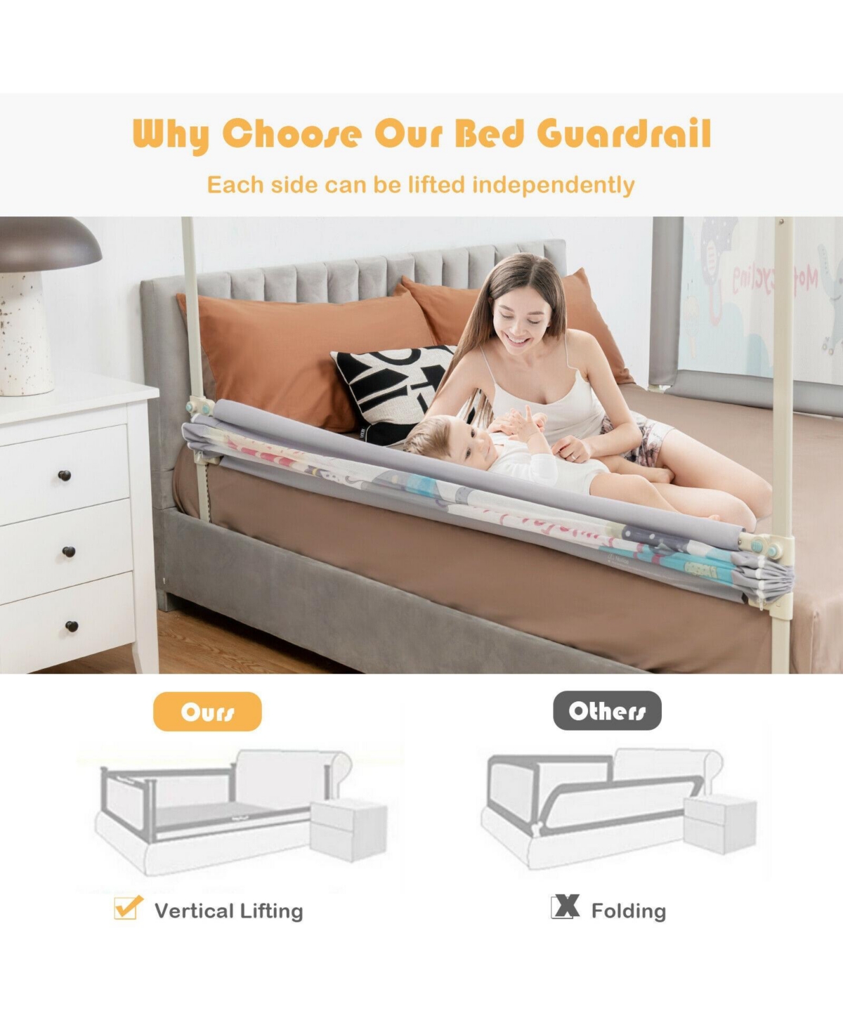 Slickblue 69in Toddlers Vertical Lifting Baby Bedrail Guard with Lock