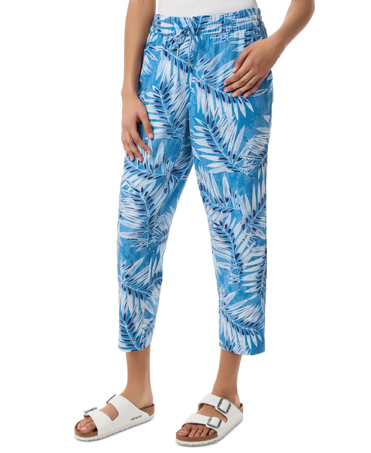 Shop Jones New York Petite Linen Pull On Cropped Leaf-print Drawstring-waist Pants In Blue Lagoon