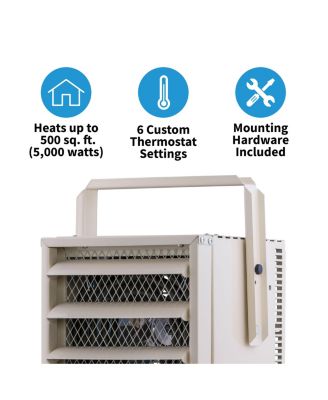 Hardwired Electric Garage Heater, Ceiling Mounted with Adjustable Louvers and Tilt Head, Heats up to 500 sq. ft. of Space