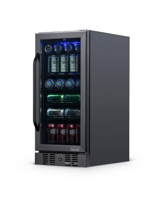 15" Built-in 96 Can Beverage Fridge in Black Stainless Steel with Precision Temperature Controls and Adjustable Shelves