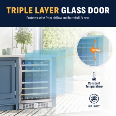 24 Inch Built-in 46 Bottle Dual Zone Compressor Wine Fridge in Stainless Steel, Quiet Operation with Beechwood Shelves