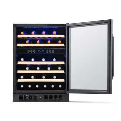 24-inch 46 Bottle Wine Cooler Refrigerator, Built-in Dual Zone Wine Fridge in Black Stainless Steel, Quiet Operation with Beechwood Shelves