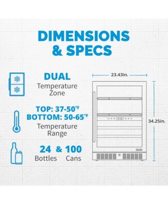 24" Dual Zone Fridge – Holds 24 Wine Bottles & 100 Cans, Quiet Cooling, Charcoal Filter, Door Alarm, Black Stainless Steel.