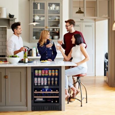 24" Dual Zone Fridge – Holds 24 Wine Bottles & 100 Cans, Quiet Cooling, Charcoal Filter, Door Alarm, Black Stainless Steel.