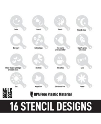 Milk Boss Portable Milk Coffee Frother Handheld Whisk Mixer with 16-Piece Stencils