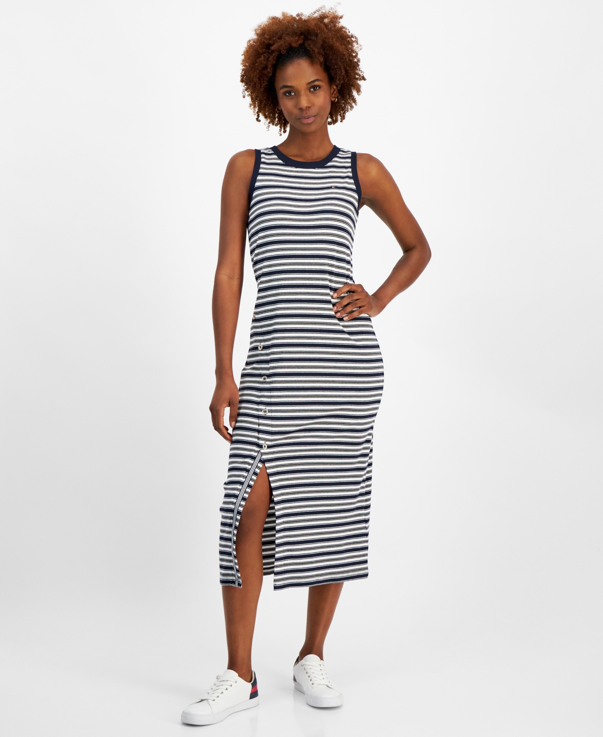Tommy Hilfiger Women s Striped Ribbed Slit Midi Dress In Sky Captain ModeSens