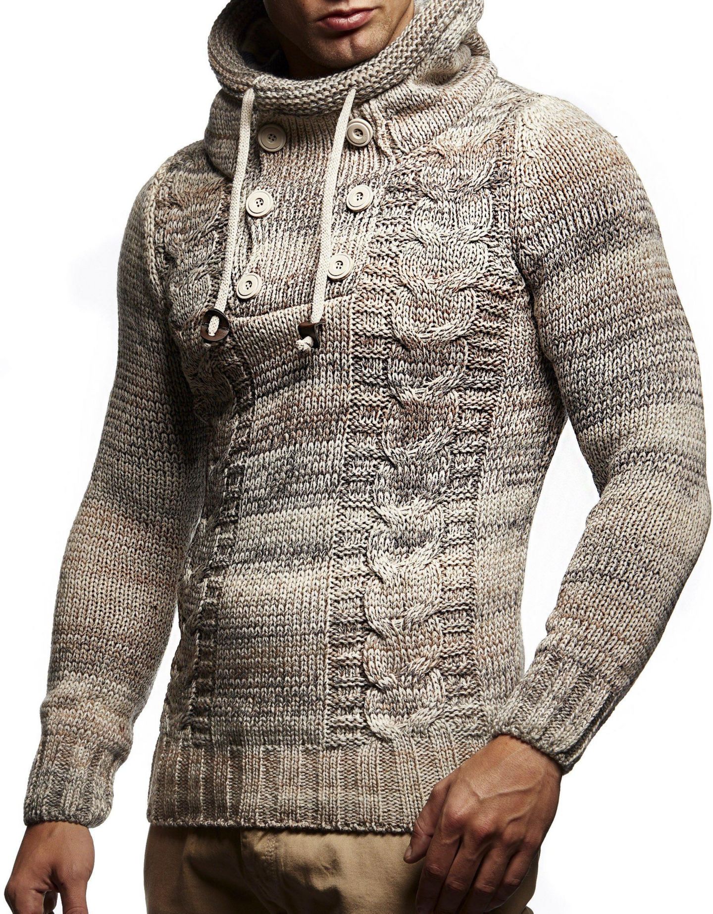 Мужское худи Leif Nelson Knit Sweater with Button Accents – Cable Knit Design, цвет: Бежевый — фото 3