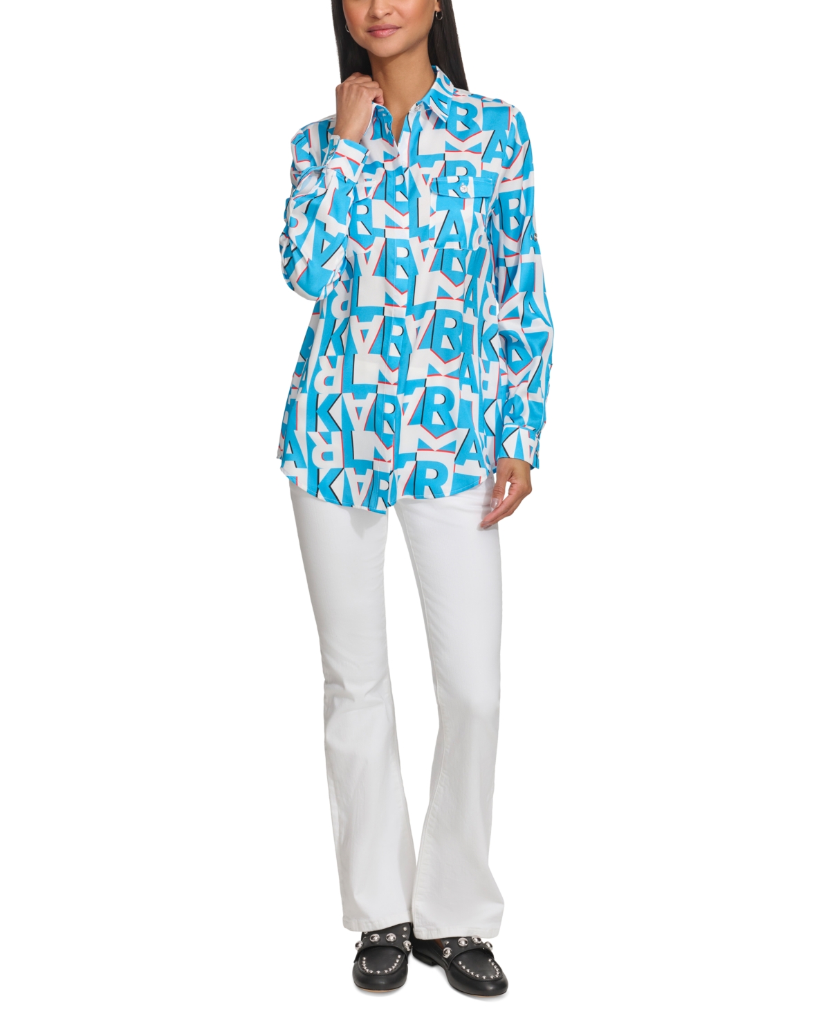 Karl Lagerfeld Paris Women's Whimsical-Print Roll-Sleeve Top - Soft White  Blue
