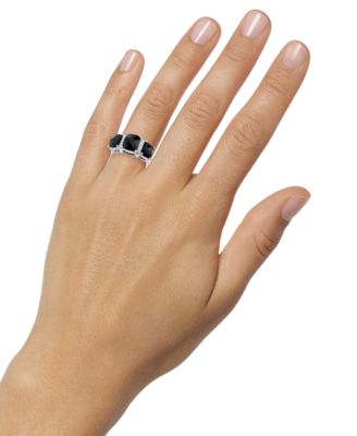 Onyx Cushion-Cut Trio & Diamond (1/10 ct. t.w.) Statement Ring in Sterling Silver