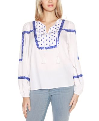 Black Label Embroidered Blouson Tie Neck Top