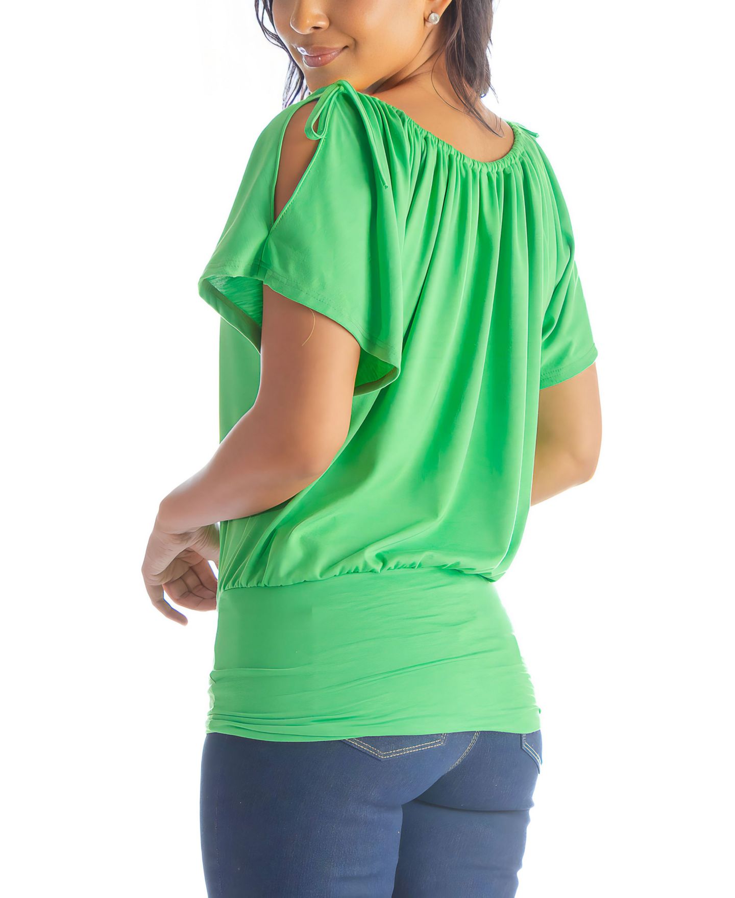 Женский топ 24seven Comfort Apparel Solid Color Short Sleeve Split Shoulder, цвет: Зелёный, вариант 1 — фото 8