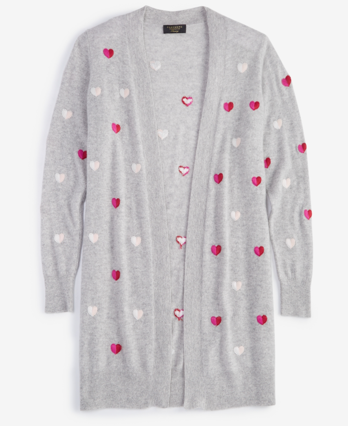 Charter Club Women's Petite Cashmere Heart-embroidered Long Open Cardigan, Created For Macy's In Ice Grey Heather Combo