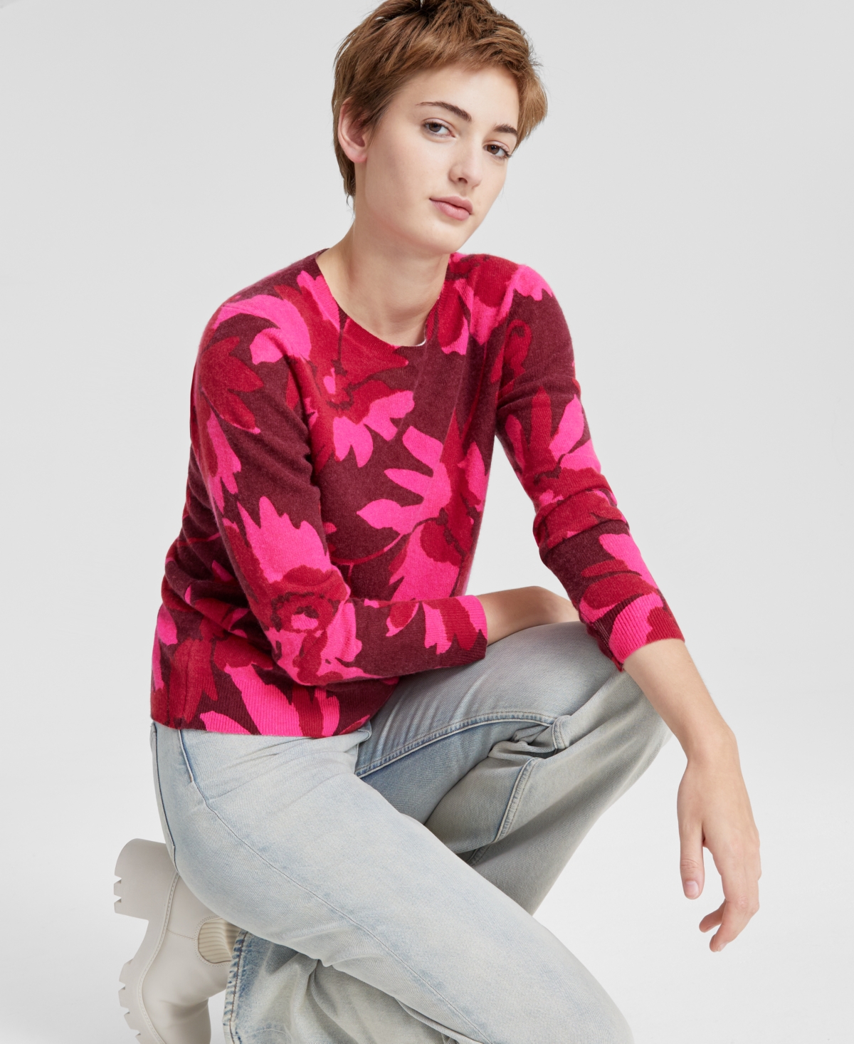 Charter Club Women's 100% Cashmere Floral-Print Long-Sleeve Sweater, Created for Macy's