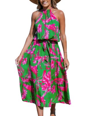 pink and green sun dress Drawn Floral Print V Neck Tiered Woven Maxi Dress - Green / Pink