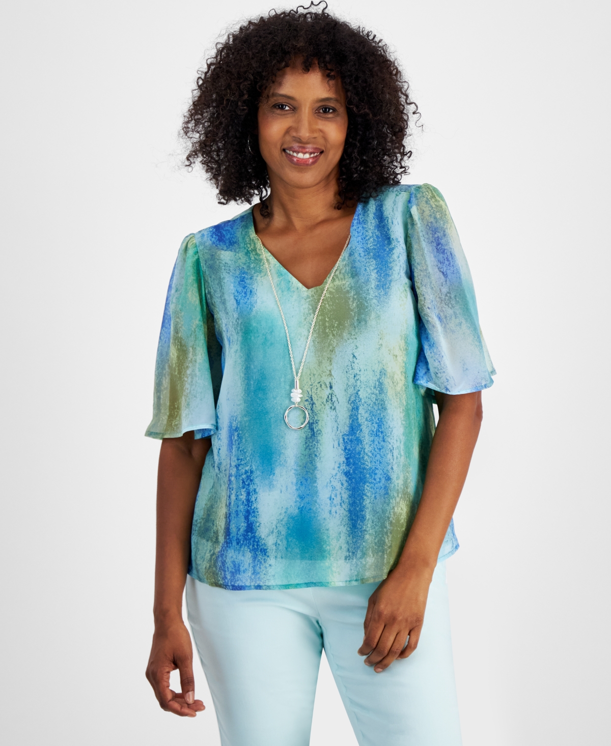 Petite Dye Dreams Flutter-Sleeve Necklace Top, Created for Macy's - Amalfi Blue Combo