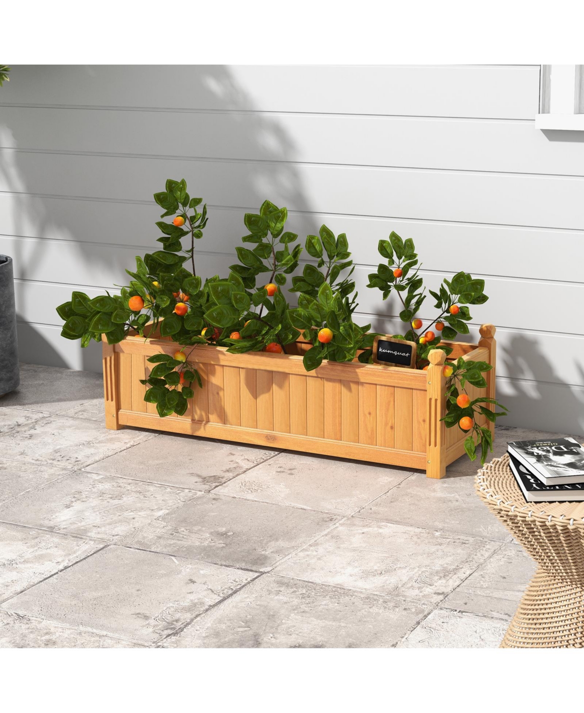 Slickblue Wooden Rectangular Garden Bed with Drainage System-Natural