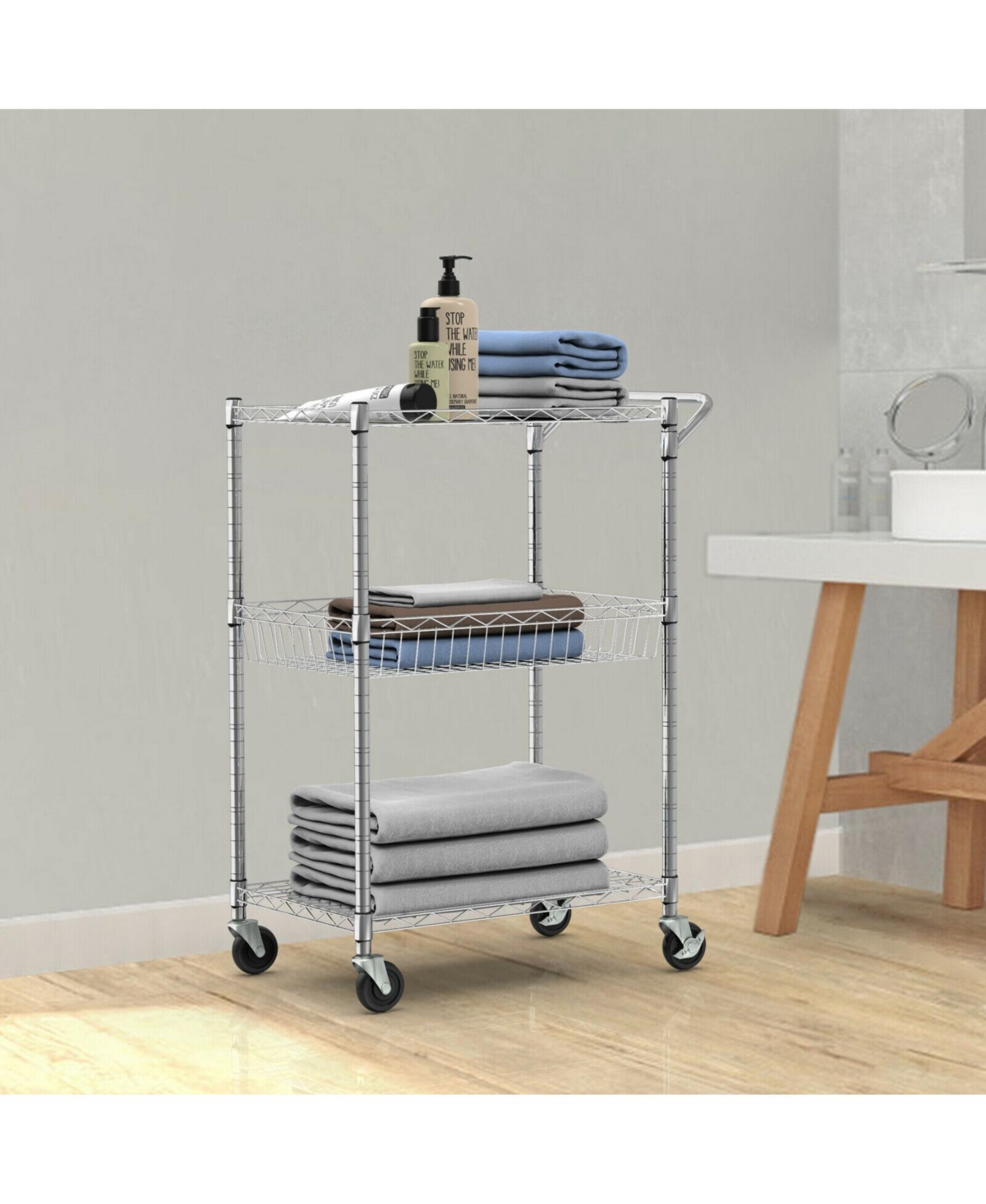 Slickblue 3-Tier Rolling Utility Cart with Handle Bar and Adjustable Shelves - Black