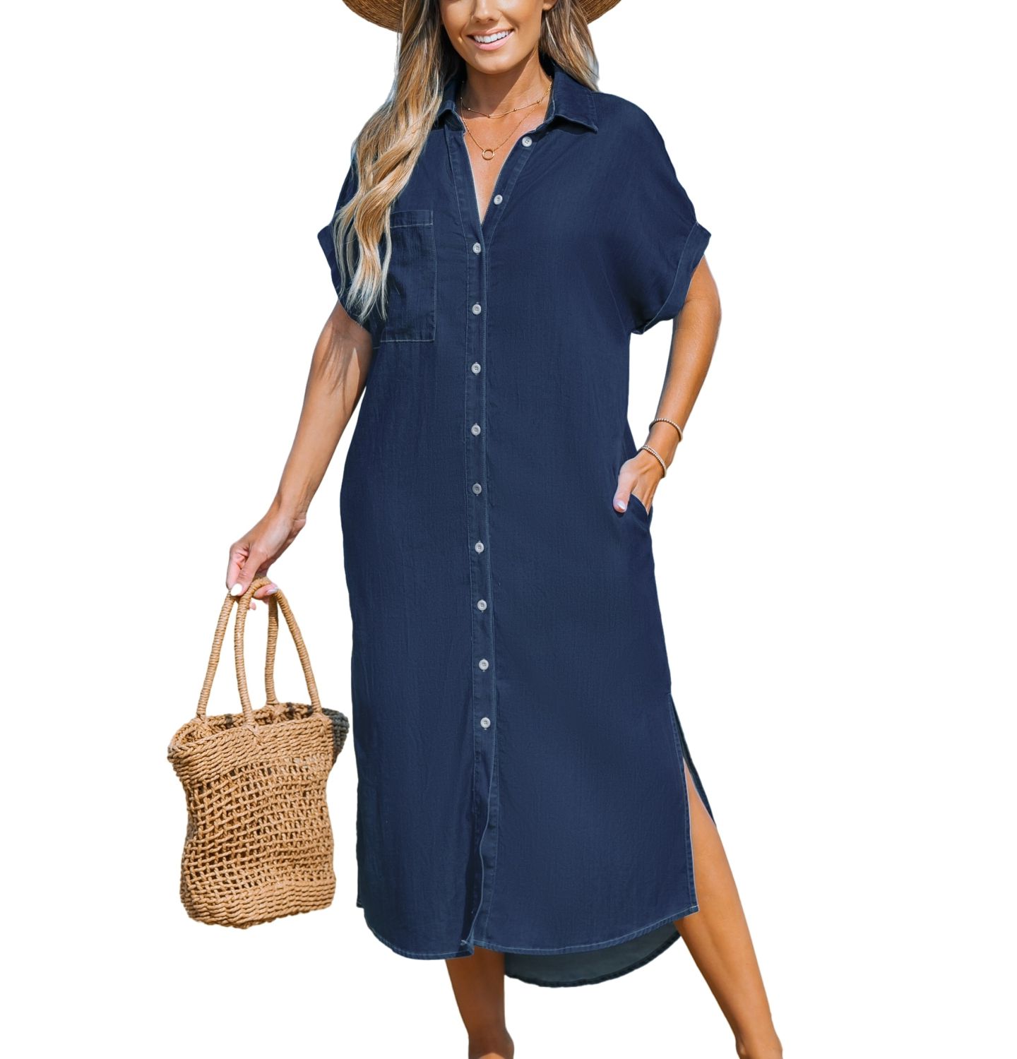 Женское платье Cupshe Denim Short Sleeve Button Down Cover Up, цвет: Тёмный синий — фото 1