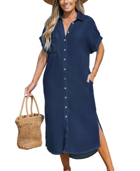 Женское платье Cupshe Denim Short Sleeve Button Down Cover Up, цвет: Тёмный синий
