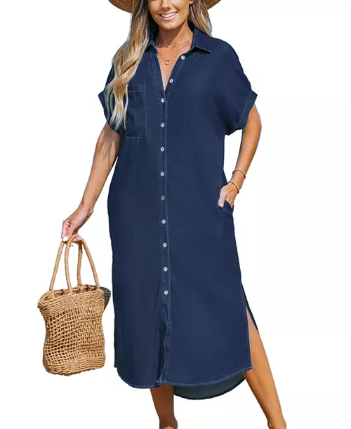women's denim short sleeve button down cover up dress