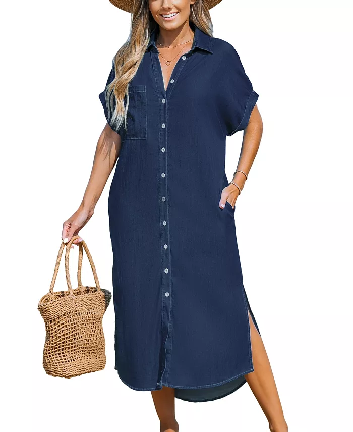 Women's Denim Short Sleeve Button Down Cover Up Dress - thumbnail 8
